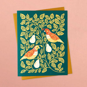 Holiday greeting card with illustration of partridges in a pear tree