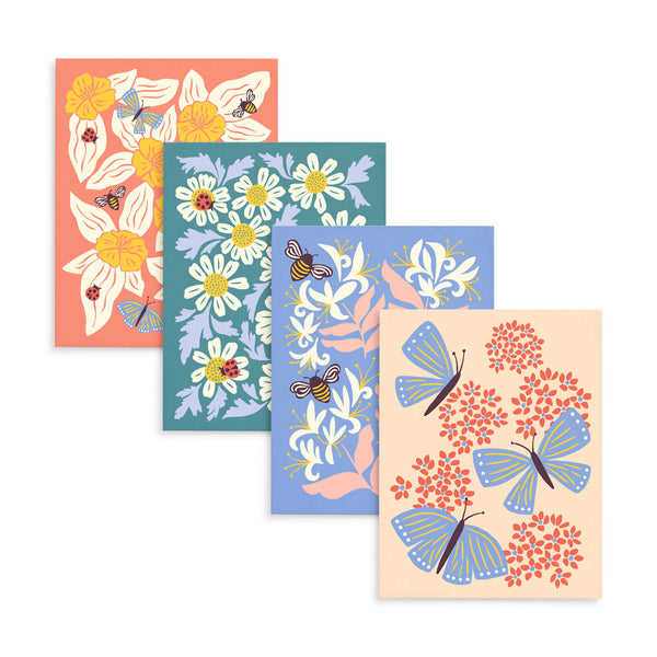 Assorted set of butterfly garden greeting cards illustrated by Chrissie Van Hoever featuring butterflies, bees, ladybugs, and lots of flowers