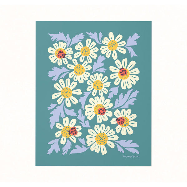 Archival-quality illustrated art print of ladybugs sunning on chamomile blooms on a rich sage green background.
