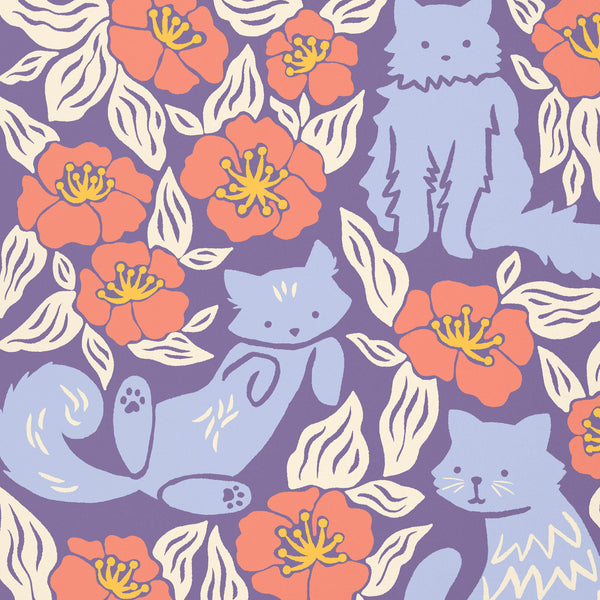 Illustrated art print of cats and flowers by Chrissie Van Hoever