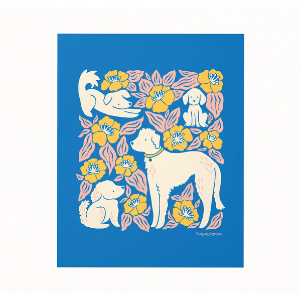 Illustrated art print of dogs and flowers by Chrissie Van Hoever