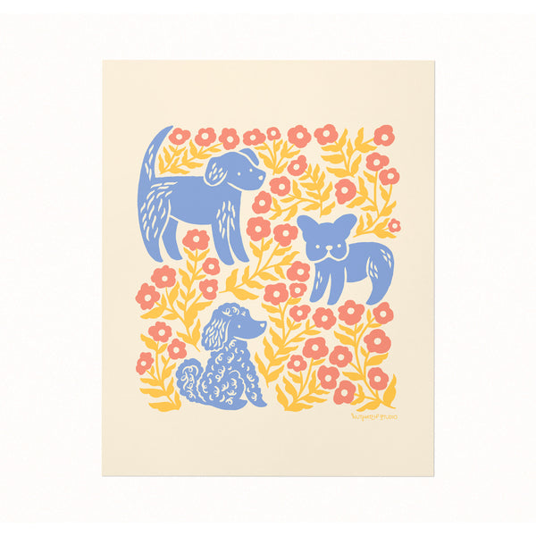 Illustrated art print of dogs and flowers by Chrissie Van Hoever