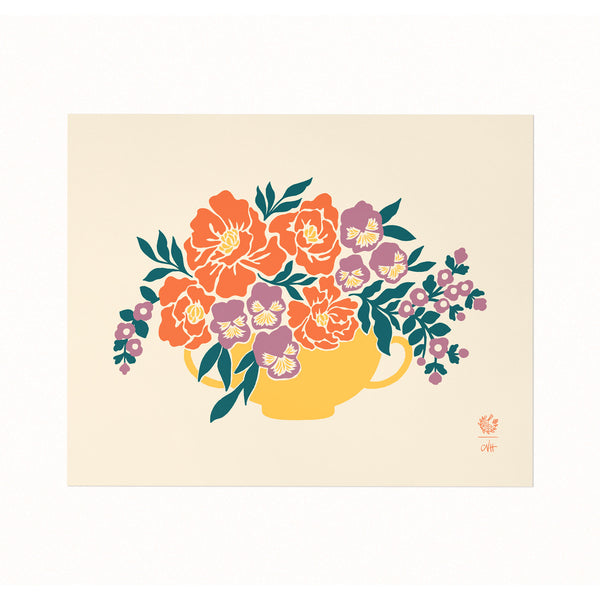 Peony & Pansy Flower Vase Art Print