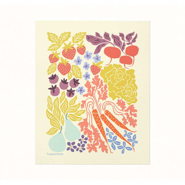 Archival-quality illustrated art print of a colorful collection of fruits and veggies on a creamy white background.