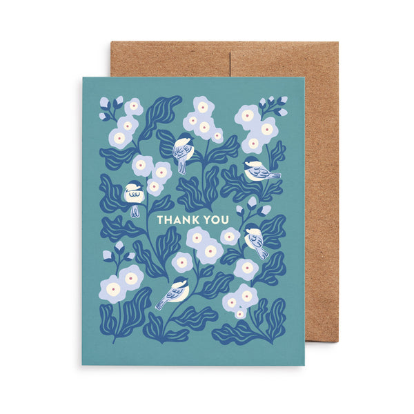 Thank you greeting card featuring chickadee illustration by Chrissie Van Hoever