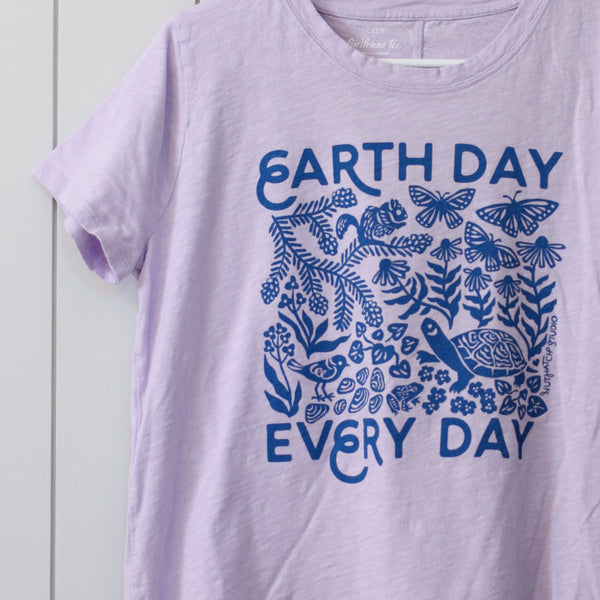 Upcycled Soft Purple Earth Day Every Day T-Shirt - Women’s Size Large
