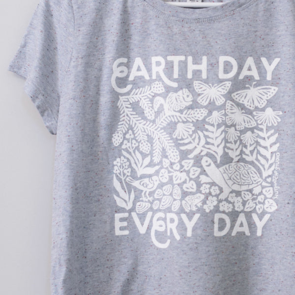 Upcycled Gray Speckle Earth Day Every Day T-Shirt - Women’s Size Large