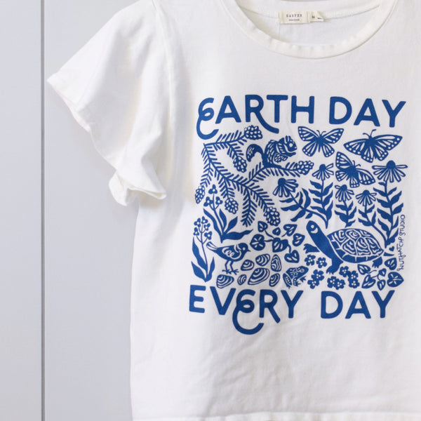 Upcycled Ivory Flutter Sleeves Earth Day Every Day T-Shirt - Women’s Size Medium