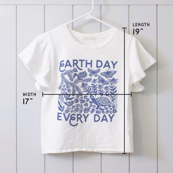 Upcycled Ivory Flutter Sleeves Earth Day Every Day T-Shirt - Women’s Size Medium