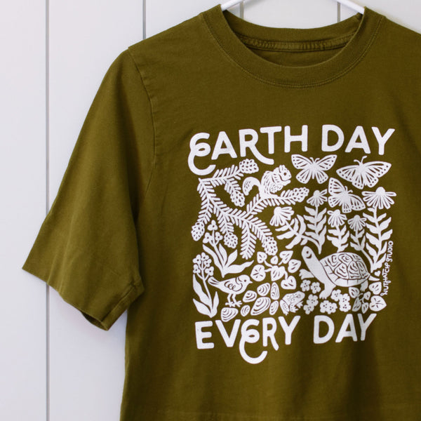 Upcycled Olive Green Earth Day Every Day T-Shirt - Women’s Size Medium