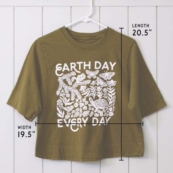 Upcycled Olive Green Earth Day Every Day T-Shirt - Women’s Size Medium
