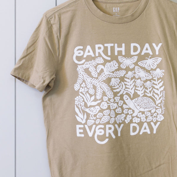 Upcycled Tan Earth Day Every Day T-Shirt - Unisex Size X-Small