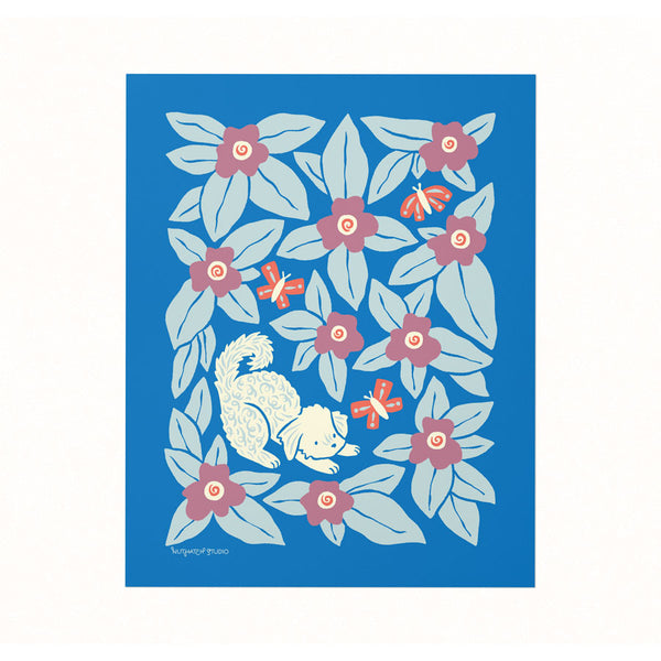 Archival quality illustrated art print of a curly-haired dog playing amidst butterflies and flowers on a rich cerulean blue background.