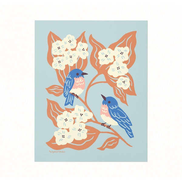 Archival illustrated art print featuring sweet Bluebirds amongst fluffy hydrangea blooms.