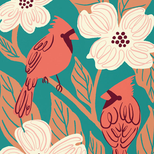 Close-up of Cardinals and Dogwood art print Nuthatch Studio