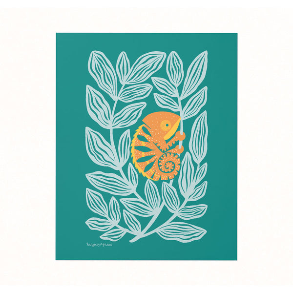 Archival print of an illustration featuring a bright yellow and orange chameleon relaxing in the leaves on a rich pine-green backdrop.