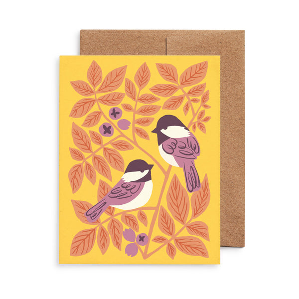 Illustrated greeting card with chickadees and hickory leaves on a cheery yellow background.