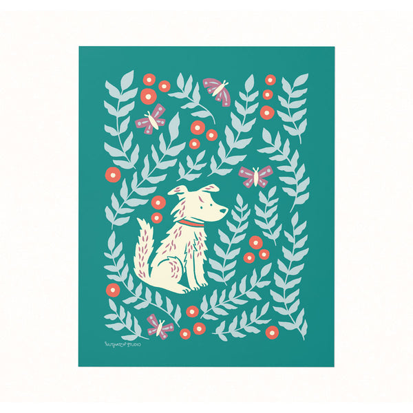 Archival illustrated art print of a sweet pup lounging in a meadow of blooms and butterflies on a rich pine green background.