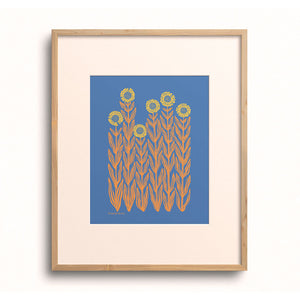 Sunflower Patch art print by Chrissie Van Hoever displayed in a wooden frame.