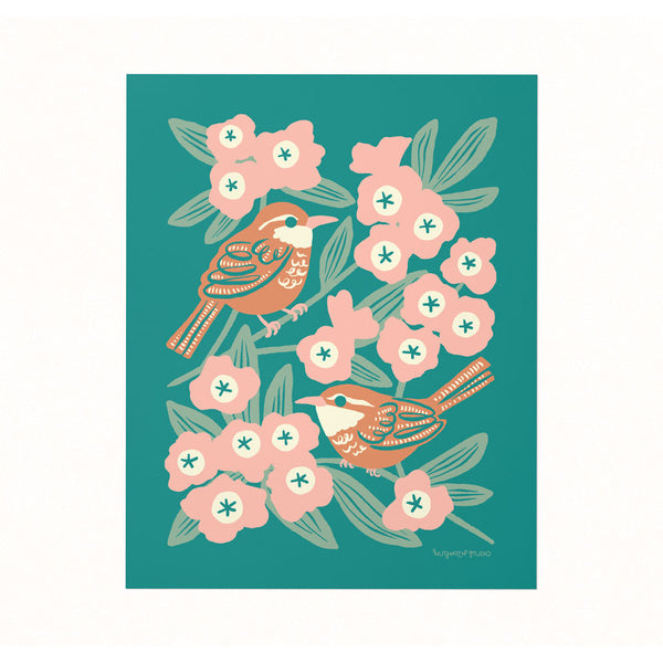 Archival illustrated art print featuring Carolina Wren perched amongst rhododendron blooms on a rich pine green background.