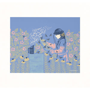Archival-quality illustrated art print of a beekeeper tending her hives.