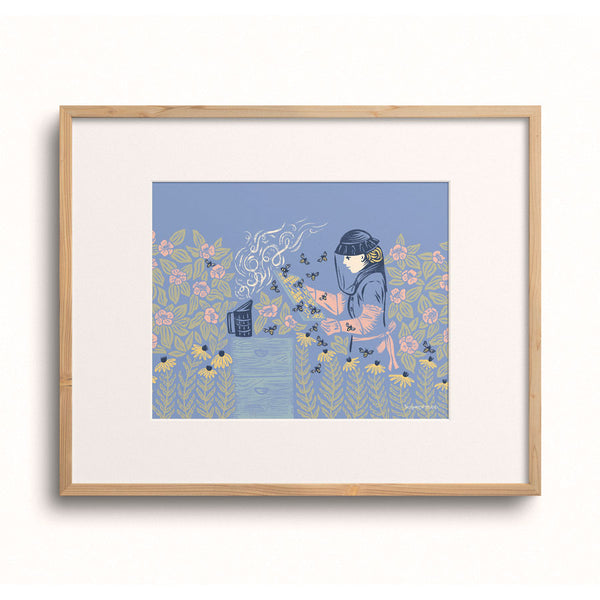 Beekeeper Art Print by Chrissie Van Hoever displayed in a wooden frame with a white mat.
