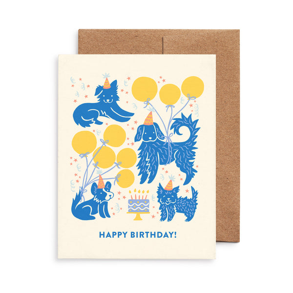 Happy birthday greeting card featuring festive party dogs illustration by Chrissie Van Hoever