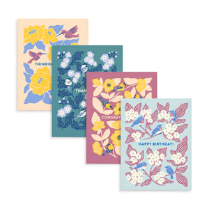 Set colorful songbird themed greeting cards from Nuthatch Studio illustrated by Chrissie Van Hoever