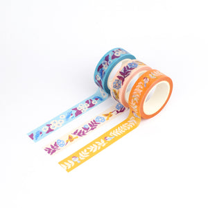 Three rolls of colorful washi tape featuring bluebirds, hummingbirds, and chickadees by Nuthatch Studio.