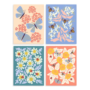 Assorted set of butterfly garden greeting cards illustrated by Chrissie Van Hoever featuring butterflies, bees, ladybugs, and lots of flowers