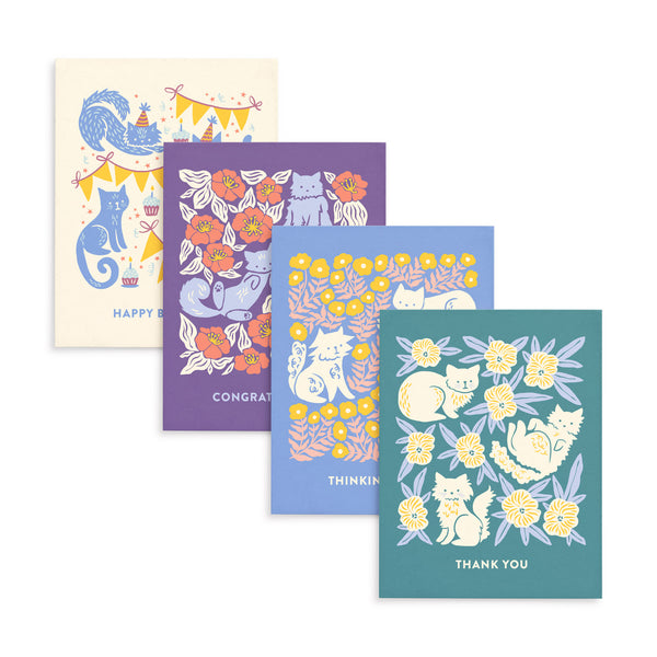 Set colorful cat themed greeting cards from Nuthatch Studio illustrated by Chrissie Van Hoever