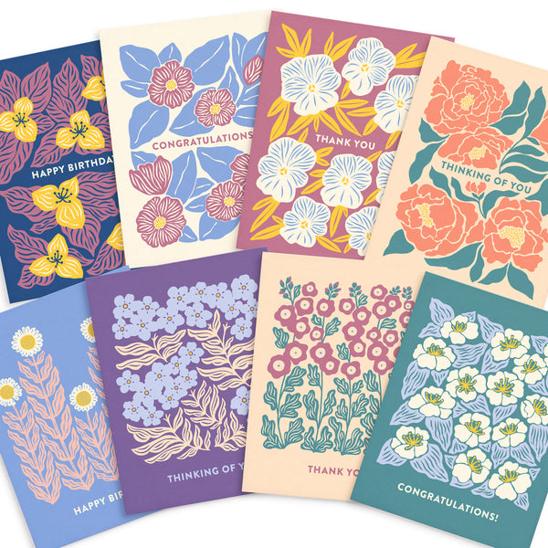 Set of 8 colorful flower themed greeting cards from Nuthatch Studio illustrated by Chrissie Van Hoever