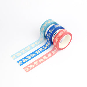 Three rolls of colorful washi tape featuring dogs, cats, and rabbits by Nuthatch Studio.