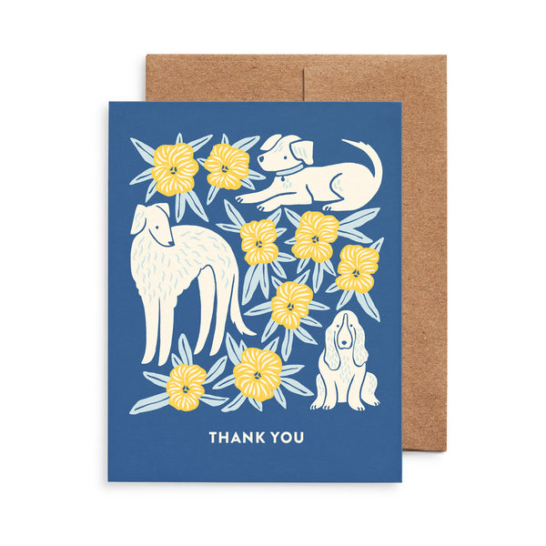 Thank you greeting card featuring dogs and flowers illustration by Chrissie Van Hoever