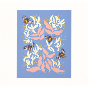 Archival-quality illustrated art print of bees buzzing around blooming honeysuckles on a cornflower blue background.