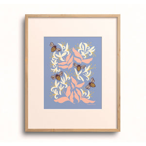 Bees & Honeysuckle Art Print by Chrissie Van Hoever displayed in a wooden frame with a white mat.