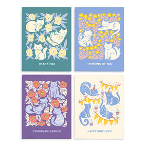 Set colorful cat themed greeting cards from Nuthatch Studio illustrated by Chrissie Van Hoever