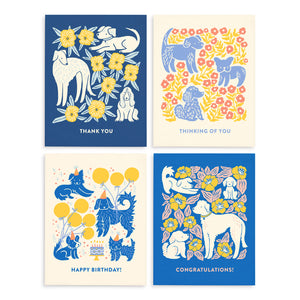 Set colorful dog themed greeting cards from Nuthatch Studio illustrated by Chrissie Van Hoever