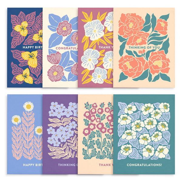 Set of 8 colorful flower themed greeting cards from Nuthatch Studio illustrated by Chrissie Van Hoever