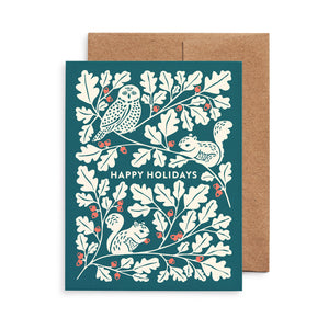 Owl & Squirrels Oak Tree Christmas Card