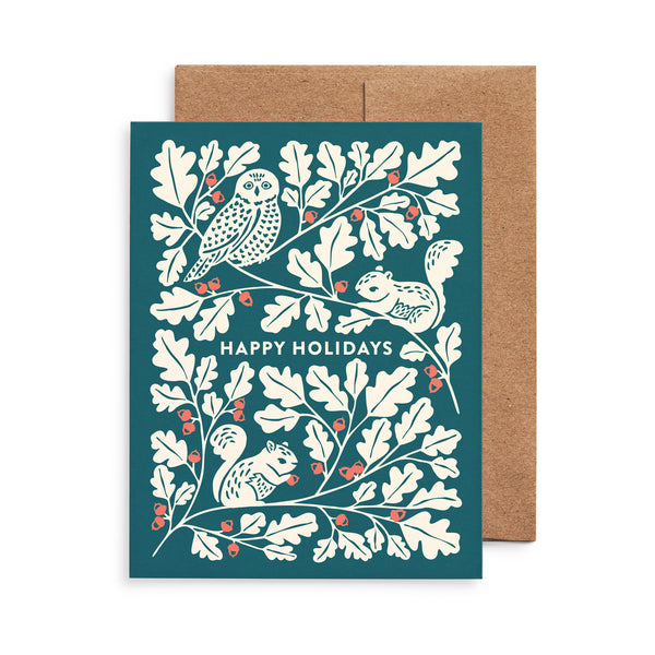 Owl & Squirrels Oak Tree Christmas Card