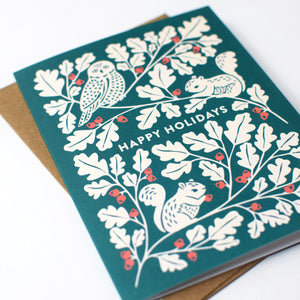 Owl & Squirrels Oak Tree Christmas Card