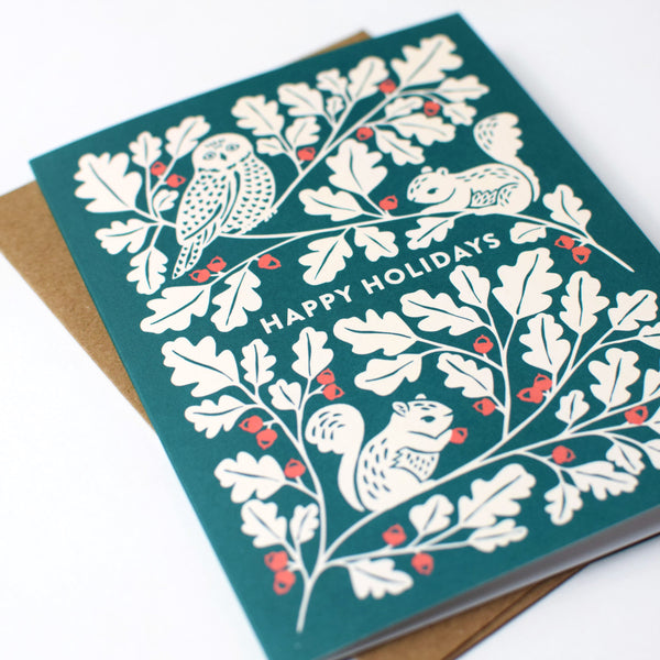 Owl & Squirrels Oak Tree Christmas Card