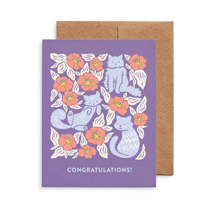 Congratulations greeting card featuring cats and flowers illustration by Chrissie Van Hoever