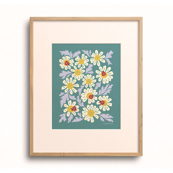Ladybugs & Chamomile Art Print by Chrissie Van Hoever displayed in a wooden frame with a white mat.