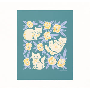 Illustrated art print of cats and flowers by Chrissie Van Hoever