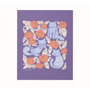 Illustrated art print of cats and flowers by Chrissie Van Hoever