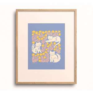 Illustrated art print of cats and flowers by Chrissie Van Hoever
