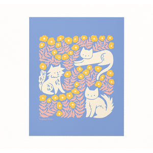 Illustrated art print of cats and flowers by Chrissie Van Hoever