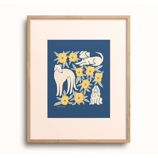 Illustrated art print of dogs and flowers by Chrissie Van Hoever